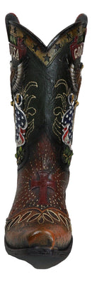 Rustic Western American Flag God Bless USA Eagle Seal Cowboy Boot Vase Planter