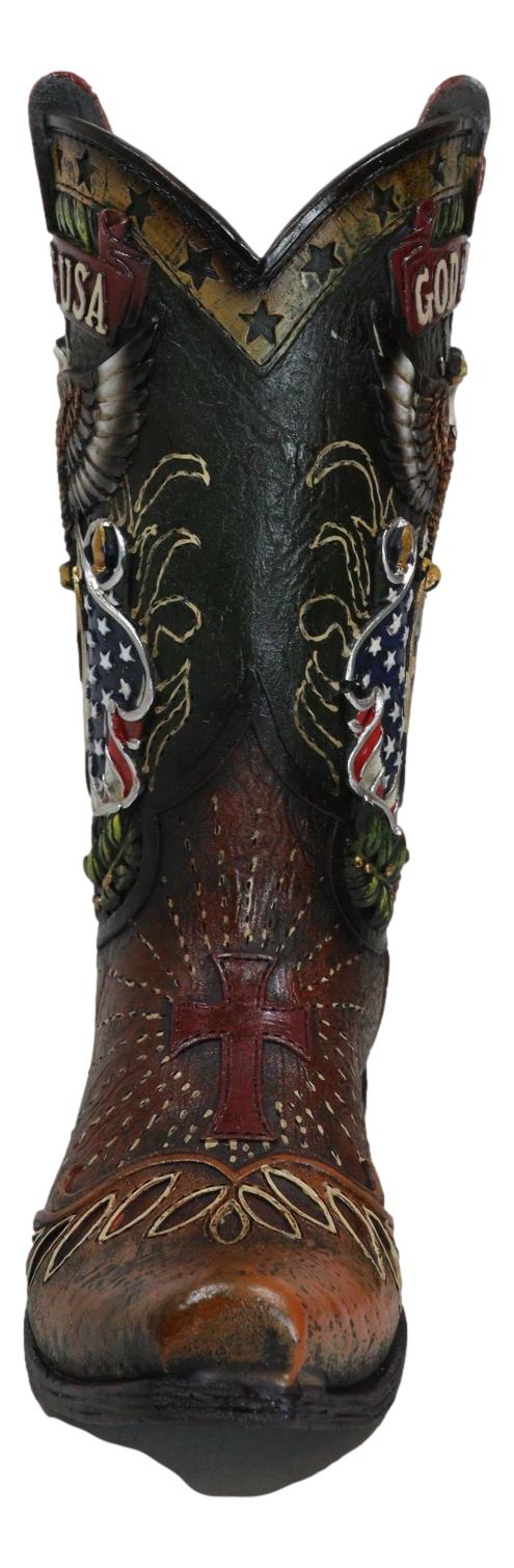 Rustic Western American Flag God Bless USA Eagle Seal Cowboy Boot Vase Planter