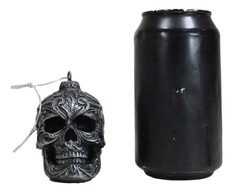 Set of 4 Day Of The Dead Faux Gunmetal Silver Tribal Tattoo Skull Tree Ornaments