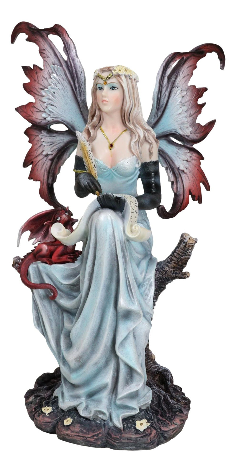 Blonde Fairy Scribe And Red Dragon Writing On Dragons Tales Scroll Figurine