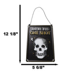 Set Of 2 Halloween Macabre Party Bar Entry Fee One Shot Skull Metal Wall Signs