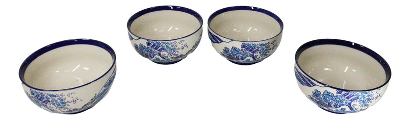 Pack Of 4 Blue Japanese Hokusai Great Wave Ceramic Soup Rice Salad Bowls 22oz