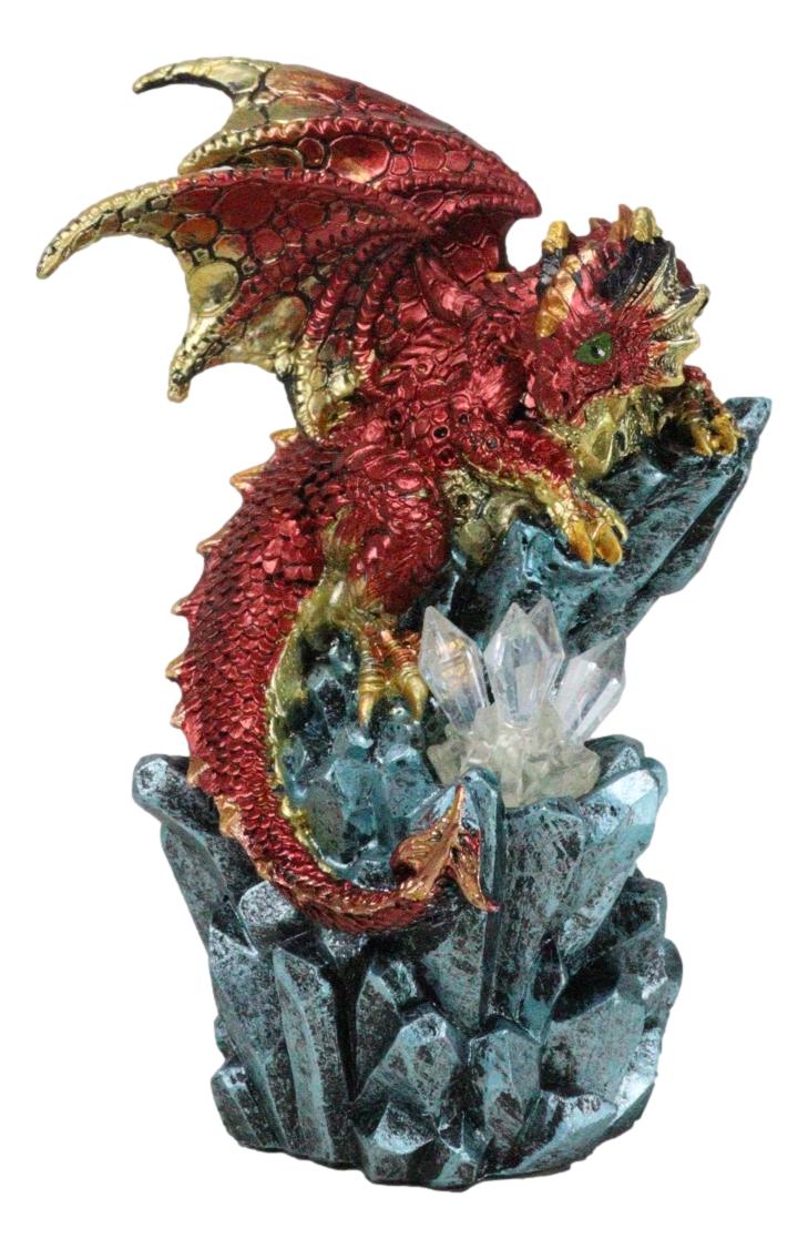 Fantasy Red And Gold Geode Dragon Perching On Crystal Rock Cavern Small Figurine