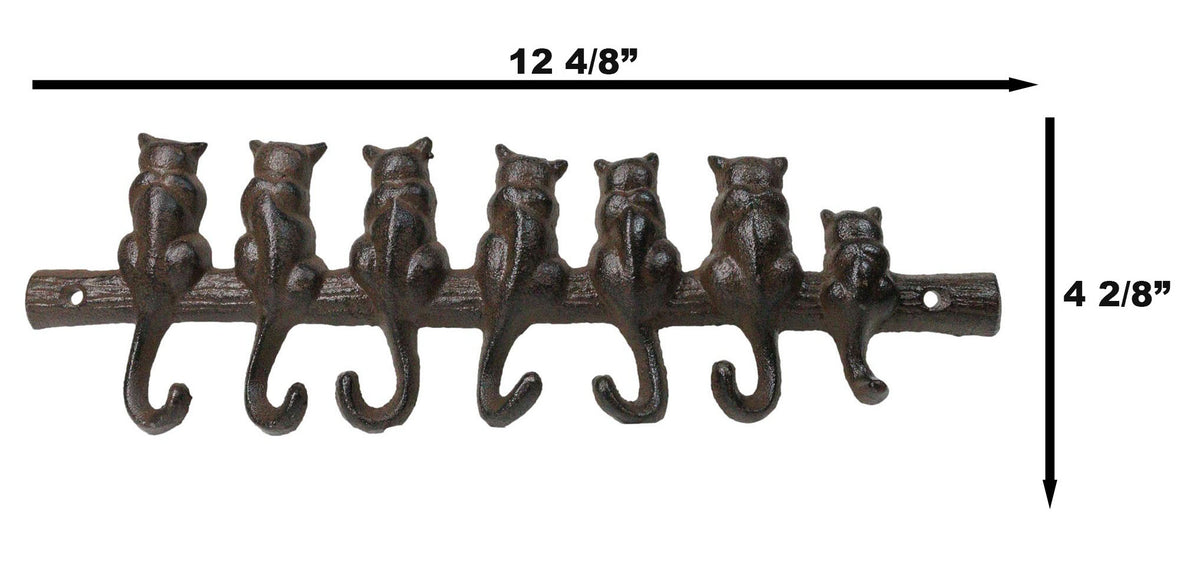 Cast Iron Rustic Abstract Feline Cats With Playful Tails 7 Pegs Wall Hooks Decor