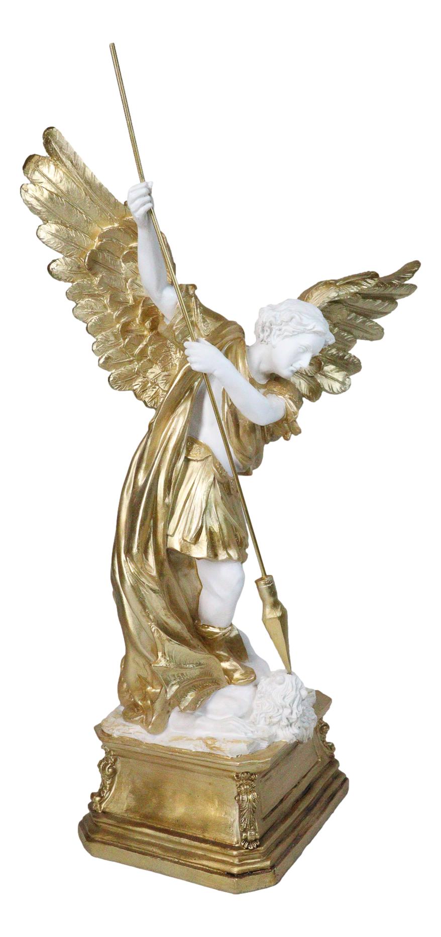 Renaissance Art Golden Large Archangel Saint Michael With Long Spear Statue 19"H