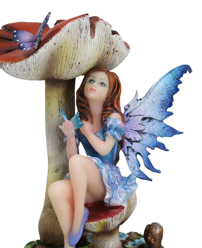 Enchanted Forest Toadstool Mushroom Lavender Fairy with Butterfly Figurine