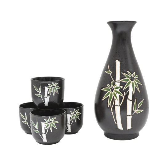 Charcoal Grey Bamboo Forest Porcelain Sake Carafe Flask And 4 Ochoko Cups Set