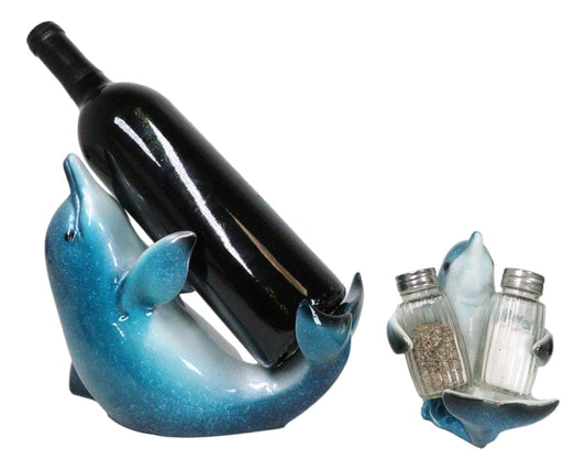 Set Of 2 Ocean Marine Dolphin Fish Wine Bottle And Salt Pepper Shakers Holders - Ebros Gift
