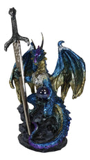 Blue Metallic Ice Knight Dragon With Orb and Gothic Sword Letter Opener Figurine