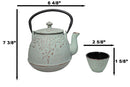 Mint Green Leaves Floral Motif Tetsubin 27oz Cast Iron Tea Pot With 4 Cups Set