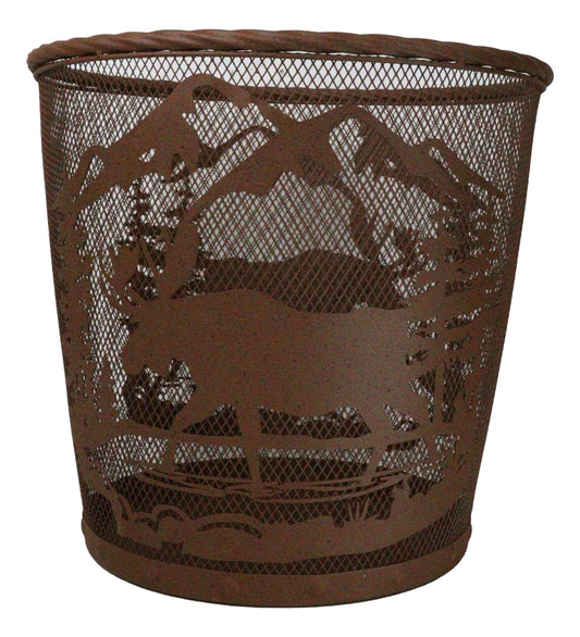 Rustic Deer Moose By Pine Forest Mountains Metal Wire Waste Basket Trash Bin - Ebros Gift