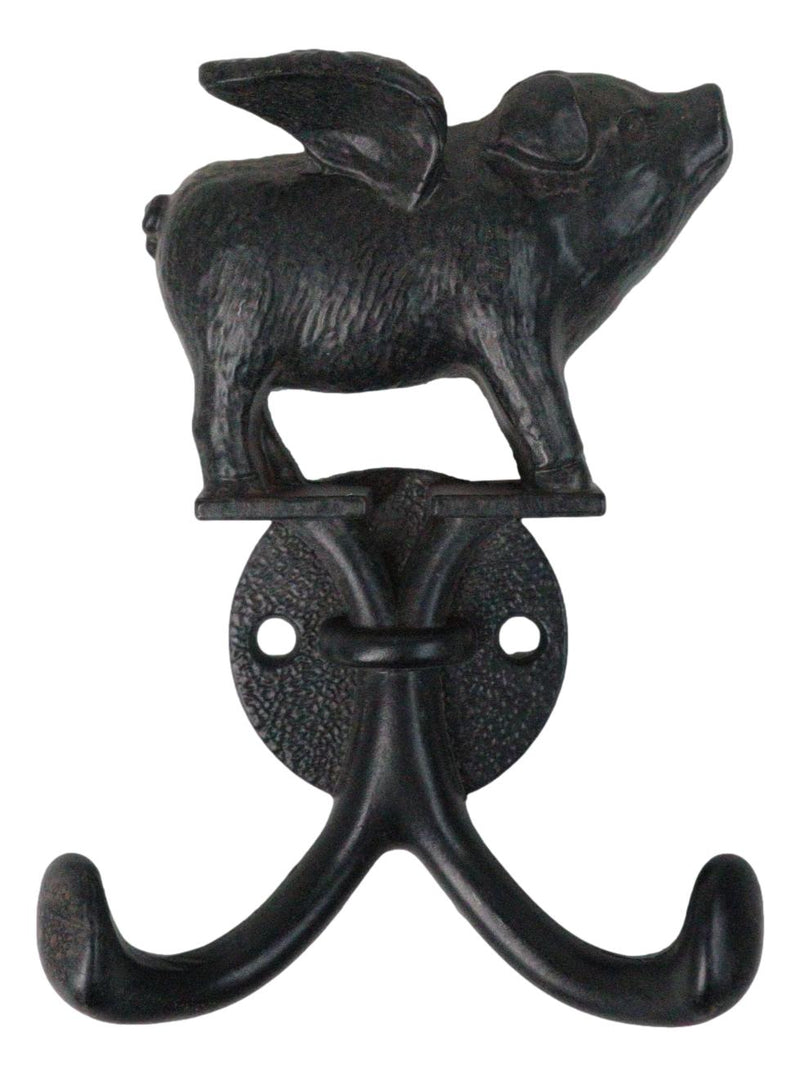 Rustic Cast Iron Black Country Farmhouse Flying Angel Porky Pig Double Wal Hooks