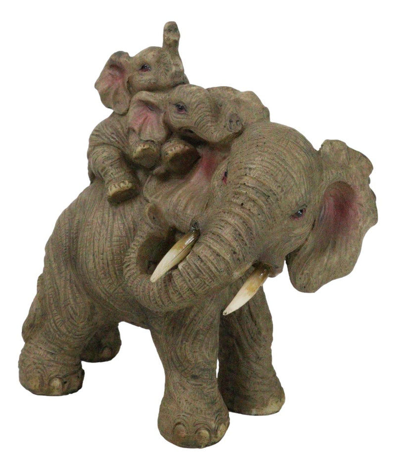 Safari Savanna Whimsical Elephant Father And 2 Calves On Piggyback Figurine 5"H