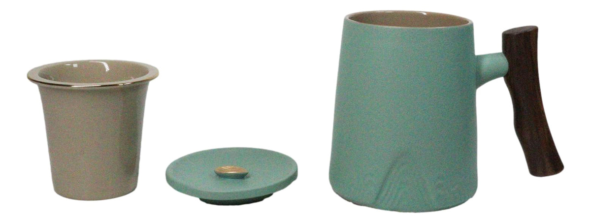 Mint Green 15 Oz Chic Porcelain Tea Mug with Wooden Handle, Lid and Infuser