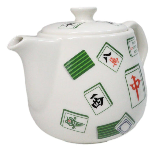 Green And White Iconic Chinese Mahjong Tiles Ceramic Tea Pot 15oz With Strainer