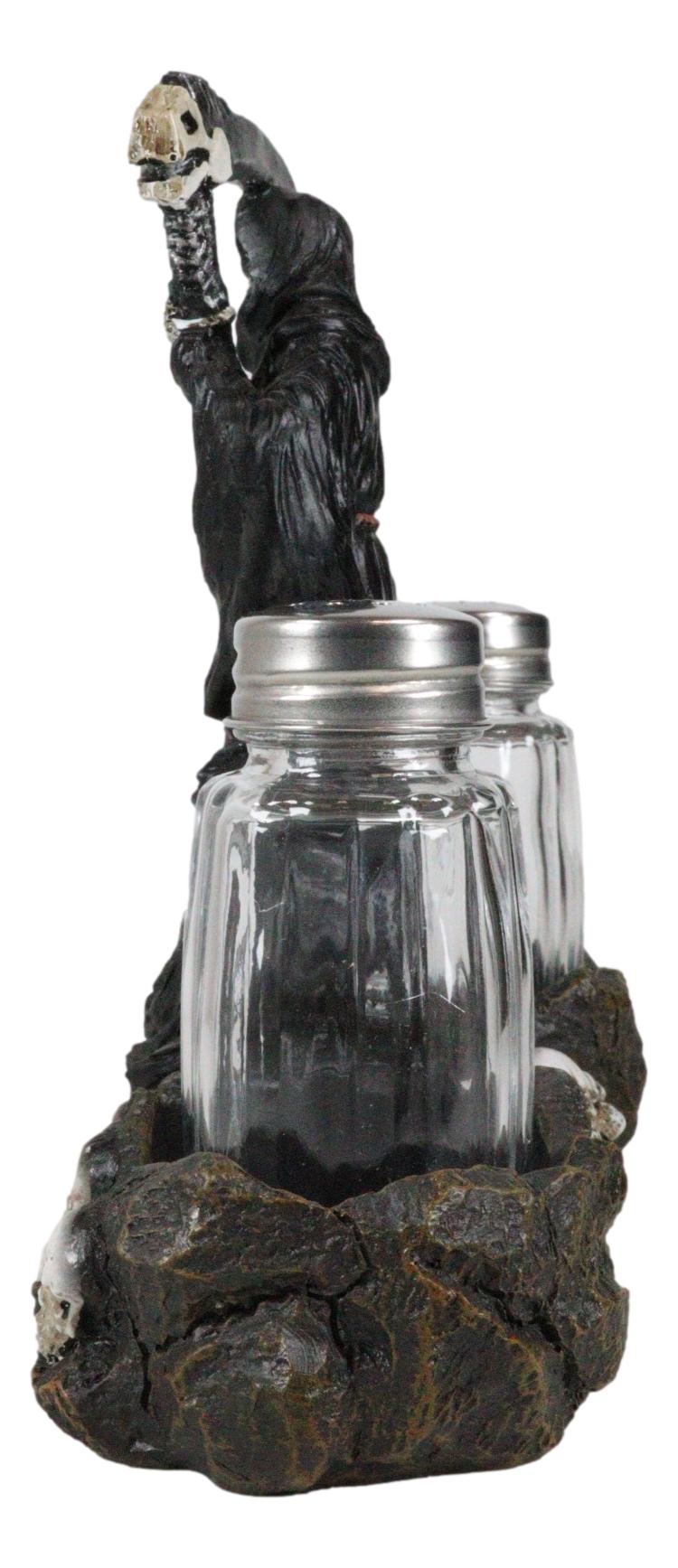 Grim Reaper Standing On Skull Graveyard Salt & Pepper Shakers Holder Set