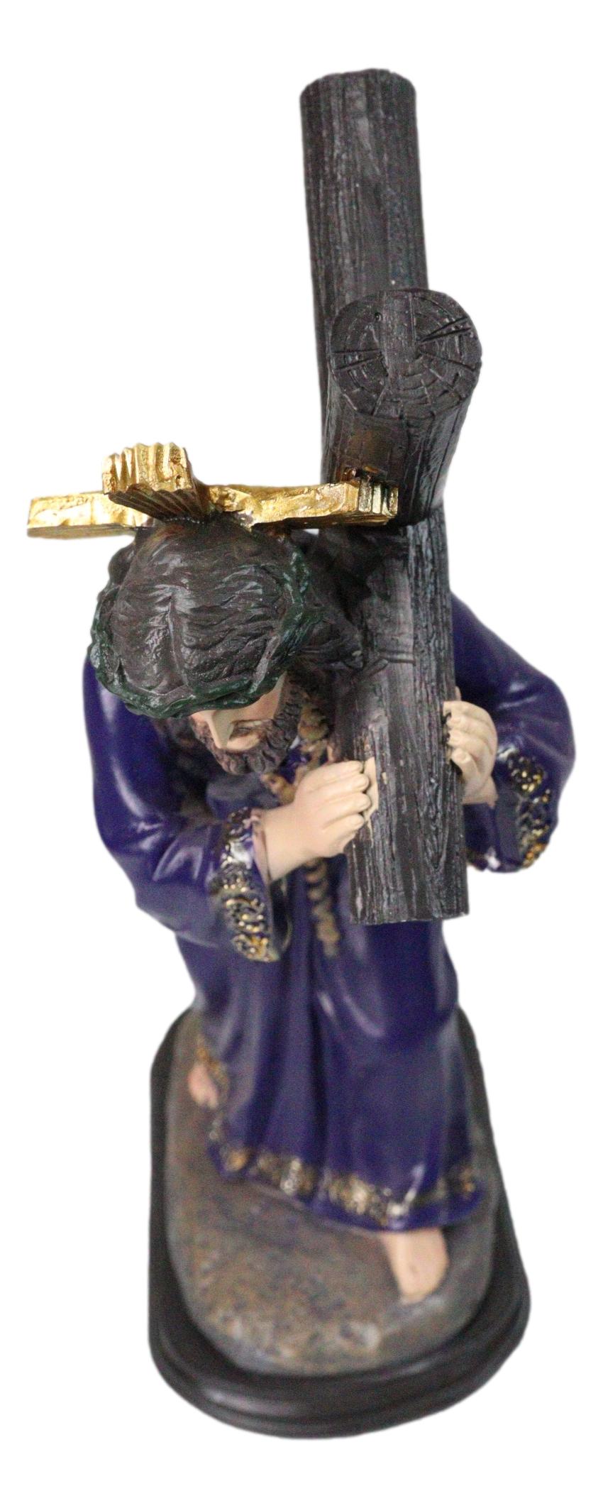 Via Dolorosa Jesus Christ in Purple Robe Carrying Cross Calvary Figurine 12" H