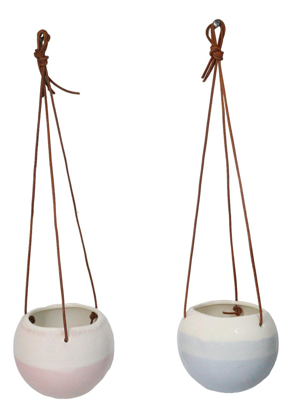 Set of 2 Pastel Blue and Pink Hanging Pot Planters With Leather Rope Strings