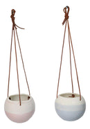 Set of 2 Pastel Blue and Pink Hanging Pot Planters With Leather Rope Strings