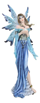 Enchanted Lady Damsel Fairy in Blue Corset Gown Holding Little Bird Figurine