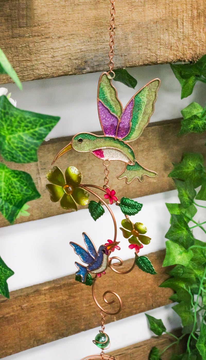 Hummingbirds Hovering Over Nectar Flowers Art Glass Gemstones Metal Wind Chime