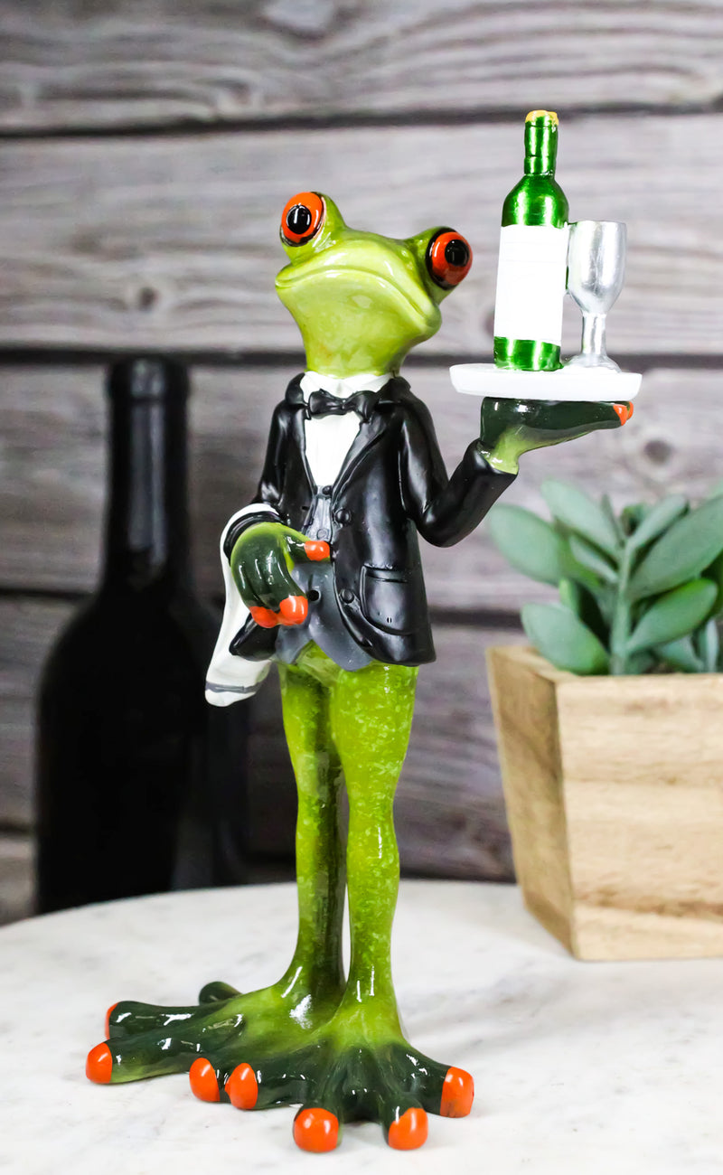 Green Toad Frog Silver Service Butler With Wine Glass And Bottle Figurine 7"H