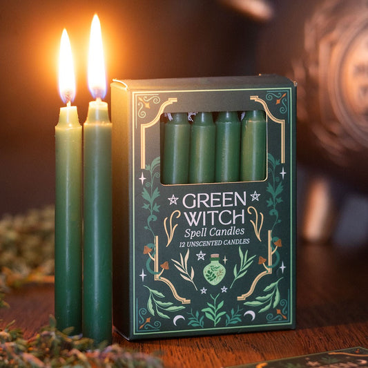 Ebros Green Witch Spell Candles 4 Inch Unscented Green Candles Pack of 12