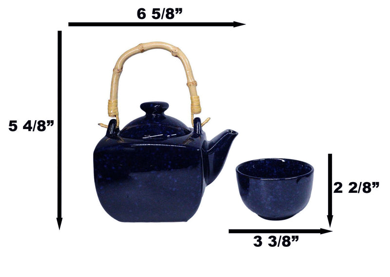 Speckled Navy Blue Zen Fusion Reactive Glaze 32oz Teapot With 2 Tea Cups Set