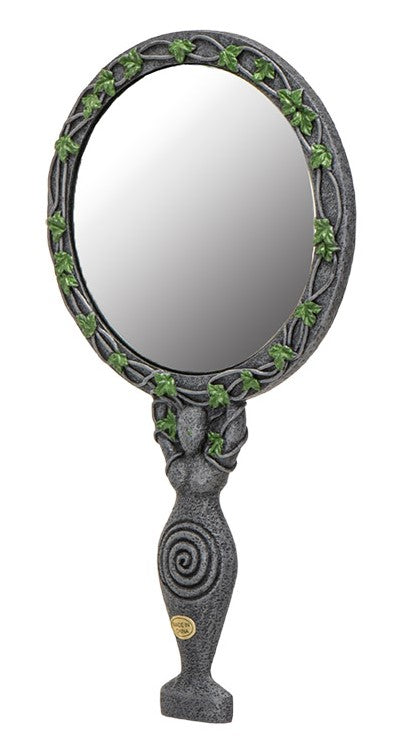 Wicca Triple Moon Spiral Goddess with Magical Ivy Leaves Sculptural Hand Mirror