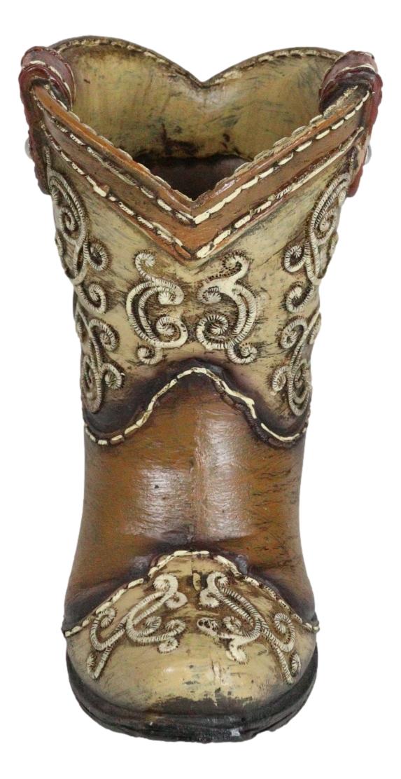 Rustic Western Cowboy Cowgirl Boot Faux Tooled Leather Scrollwork Pen Holder