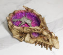 Skeletal Bone Dragon Skull With Purple Faux Quartz Crystals Geode Trinket Dish