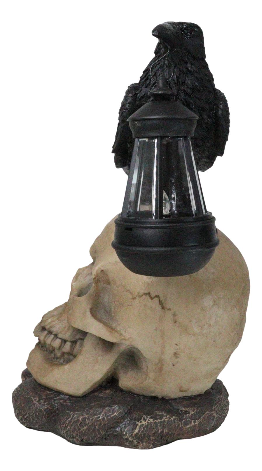 Ebros Edgar Corvus Raven Perching On Rose Skull Statue With Solar LED Lantern Light - Ebros Gift