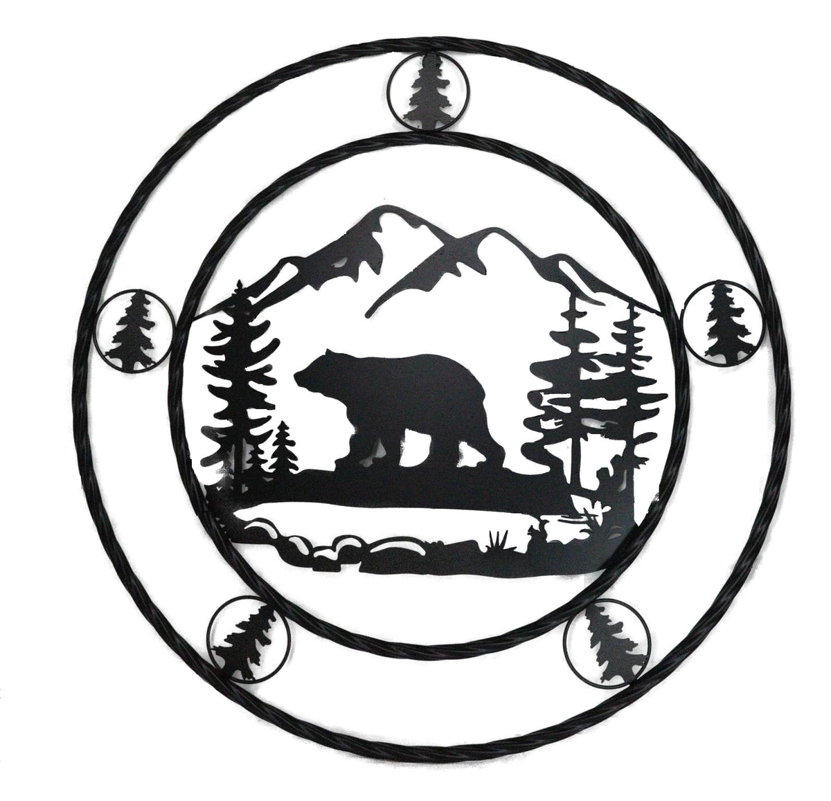 24"Dia Rustic Western Black Bear By Mountains Pine Forest Metal Wall Circle Sign - Ebros Gift
