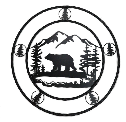 24"Dia Rustic Western Black Bear By Mountains Pine Forest Metal Wall Circle Sign - Ebros Gift