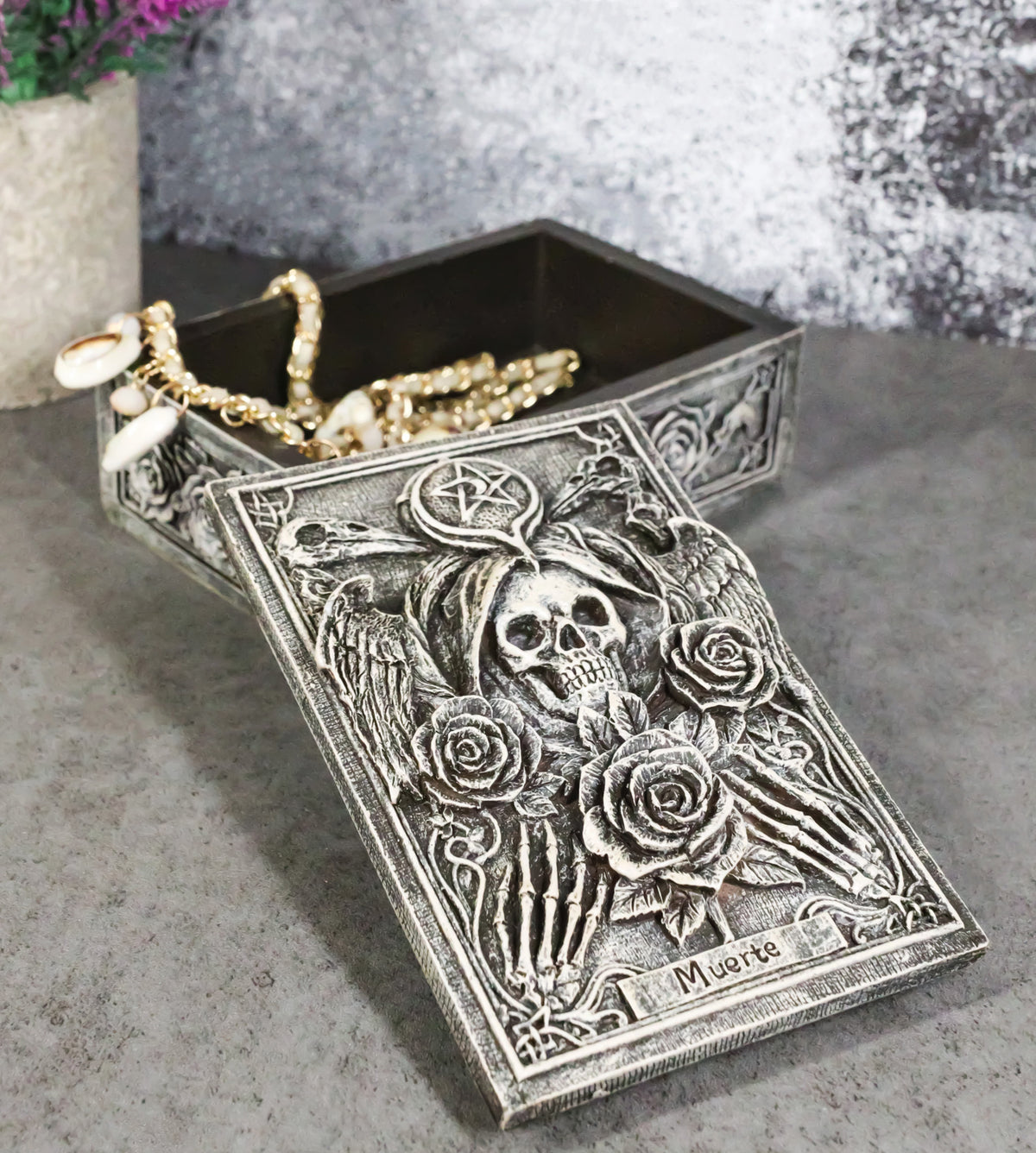 Santa Muerte Day Of The Dead Skull Pentagram Roses Tarot Cards Trinket Box - Ebros Gift