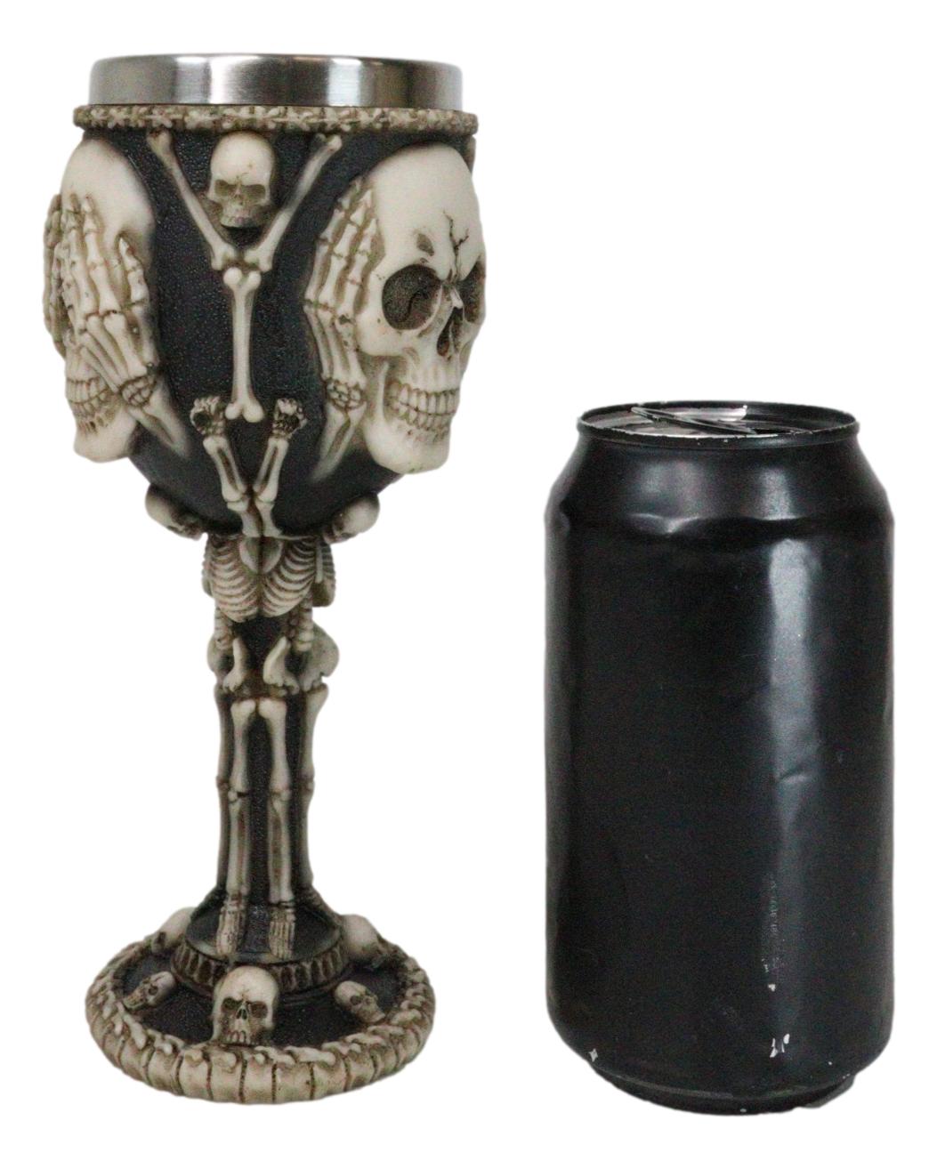Wise Vintage See Hear Speak No Evil Skeleton Bone Skulls Wine Goblet Chalice - Ebros Gift