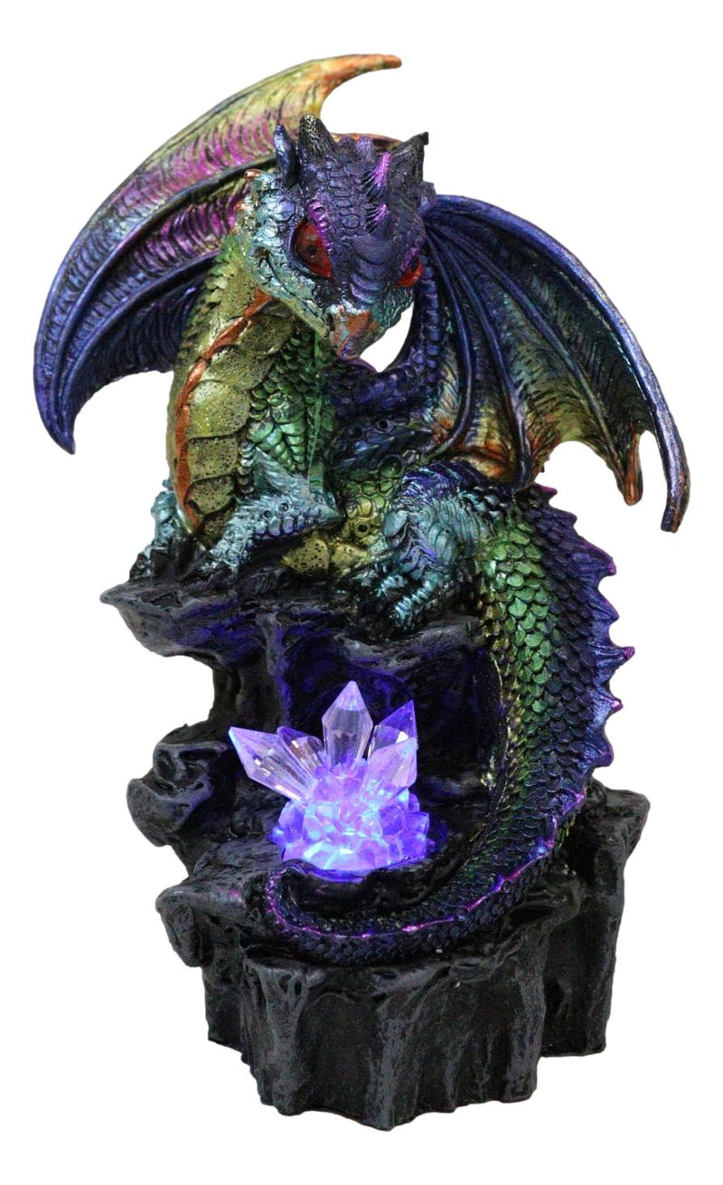 Green Blue Gold Galaxy Baby Dragon On Faux Geode LED Crystals Rock Figurine