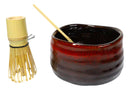 Red Brown Fire Volcano Ceramic Japanese Matcha Green Tea Bowl Whisk & Scoop Set
