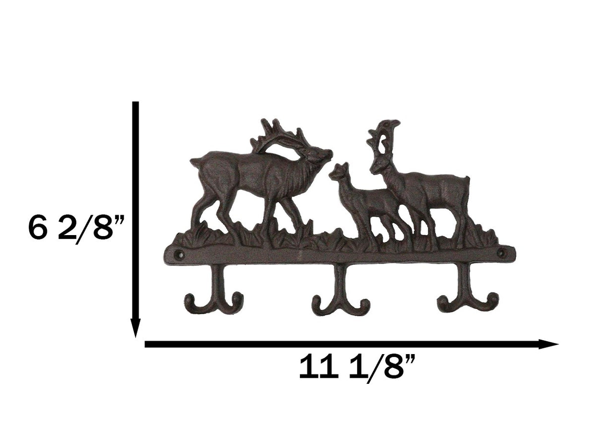 Rustic Deer Stag Doe and Fawn Family Antlers Cast Iron 6 Peg Wall Hook Sculpture