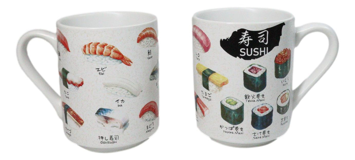 Set Of 2 Japanese Cuisine Sushi Sashimi And Rolls Textured Ceramic Mug Cups 11oz