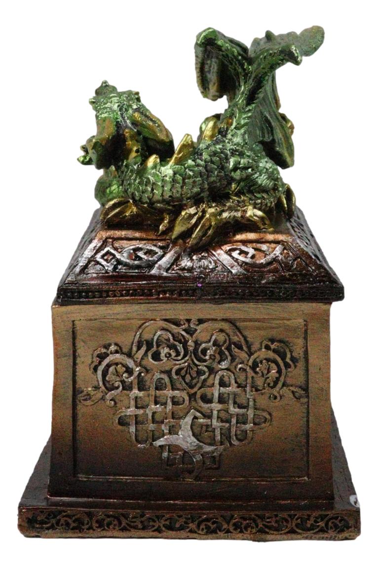 Medieval Fantasy Metallic Green Dragon Decorative Trinket Treasure Box Figurine