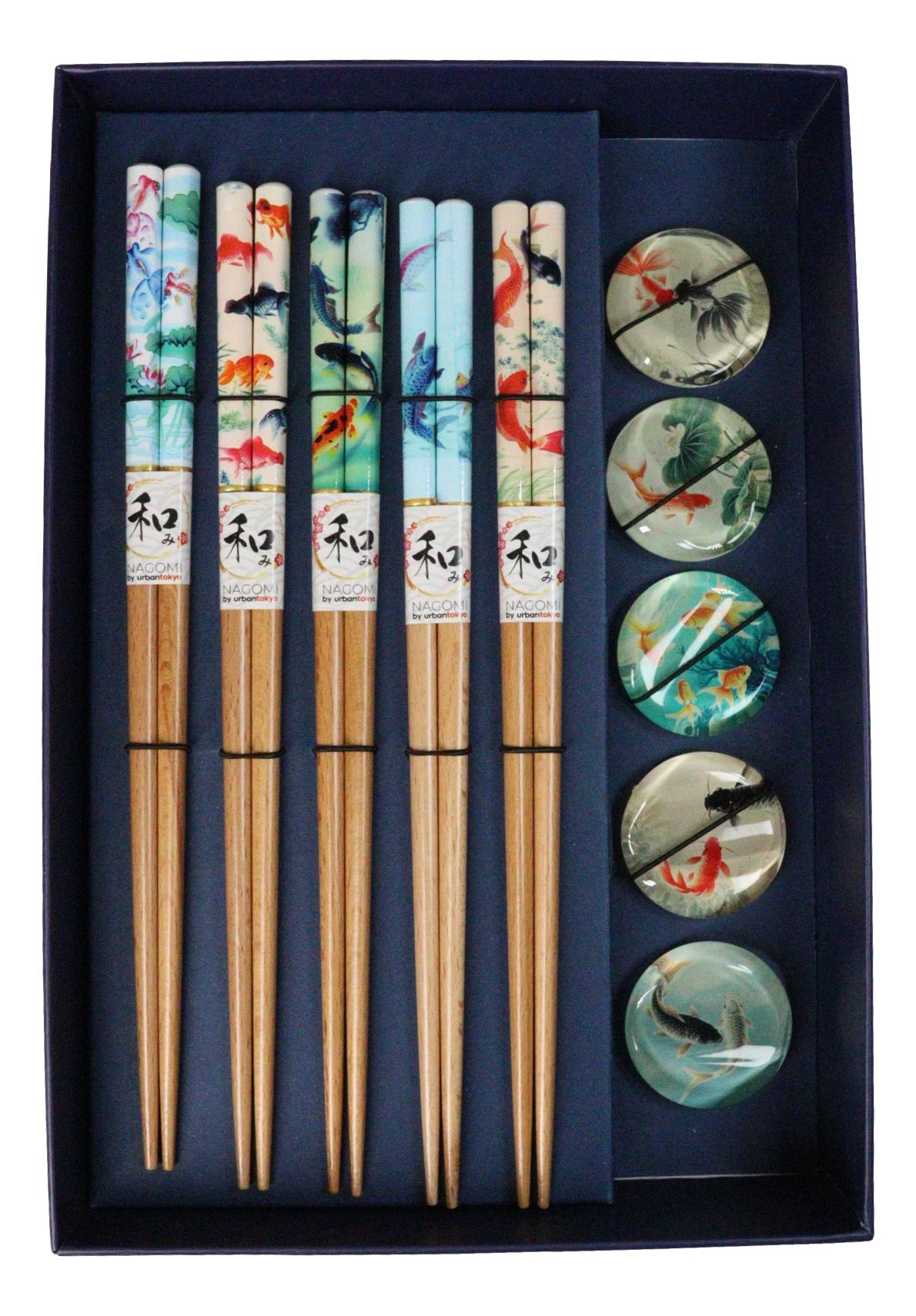 5 Pairs Of Koi Fishes In Pond Buttons Ceramic Rests With Wooden Chopsticks Set
