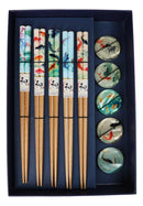 5 Pairs Of Koi Fishes In Pond Buttons Ceramic Rests With Wooden Chopsticks Set