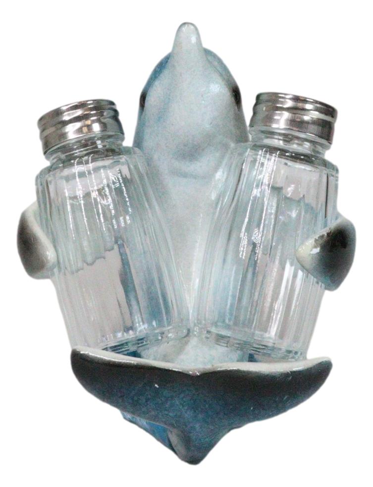 Ocean Marine Blue Dolphin Riding Sea Waves Salt And Pepper Shakers Holder Set