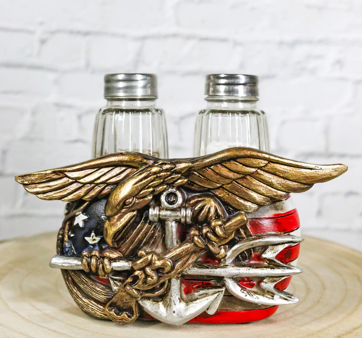 US Navy Sailor Eagle Anchor Trident Emblem And Flag Salt Pepper Shakers Holder