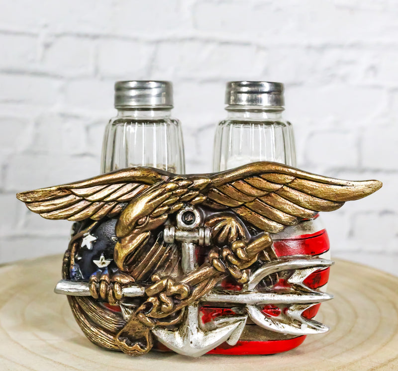 US Navy Sailor Eagle Anchor Trident Emblem And Flag Salt Pepper Shakers Holder
