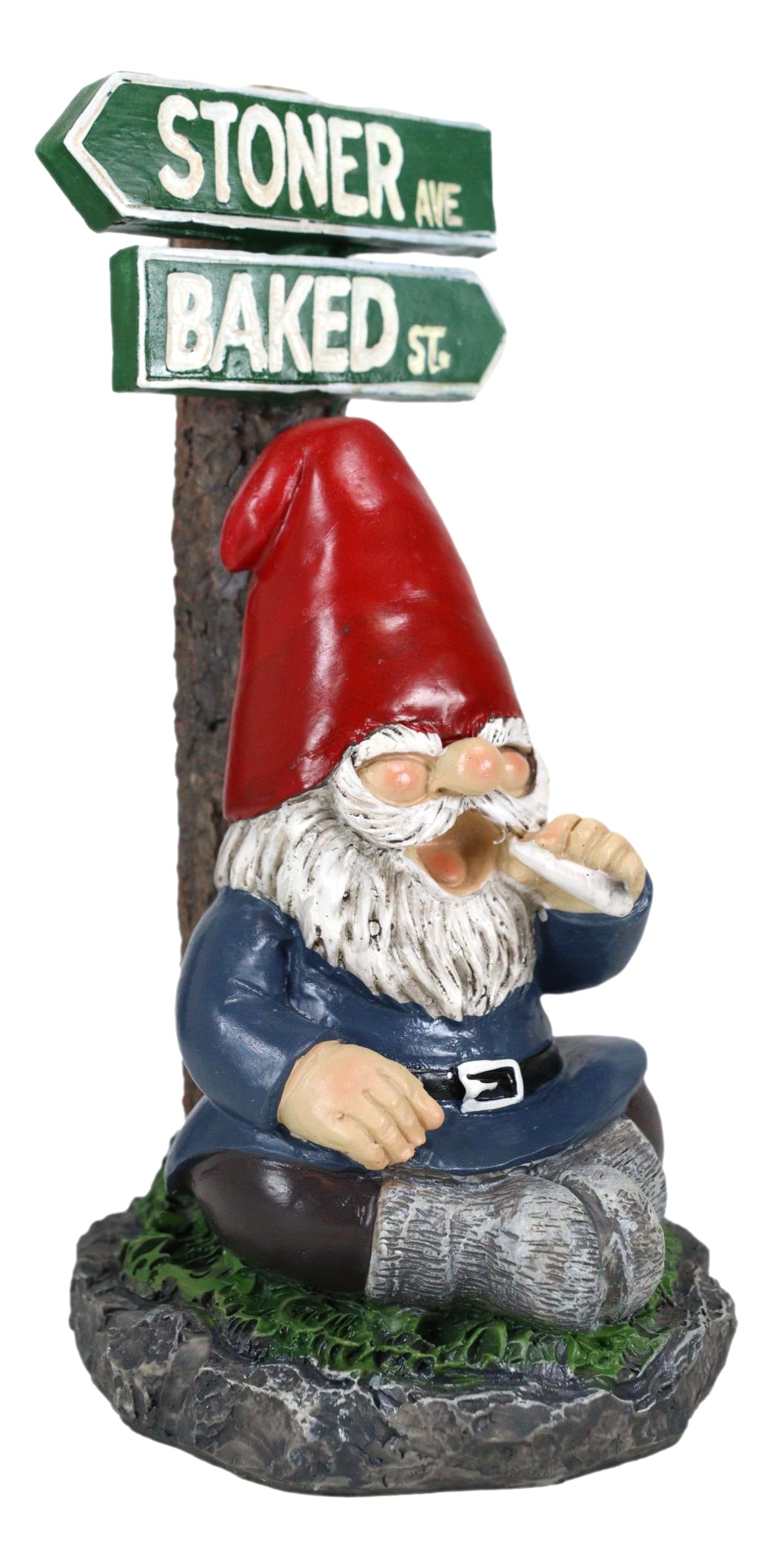 Mr Gnome Dwarf Stoner Smoking Stash Sitting By 'High' Way Crossroads Figurine