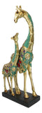 Large 15"H Safari Green Bejeweled Masai Giraffe With Calf On Black Base Figurine