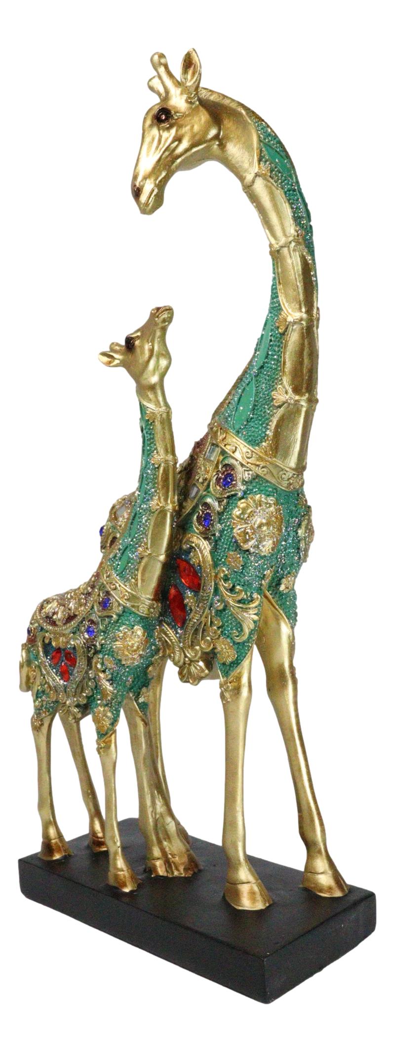 Large 15"H Safari Green Bejeweled Masai Giraffe With Calf On Black Base Figurine