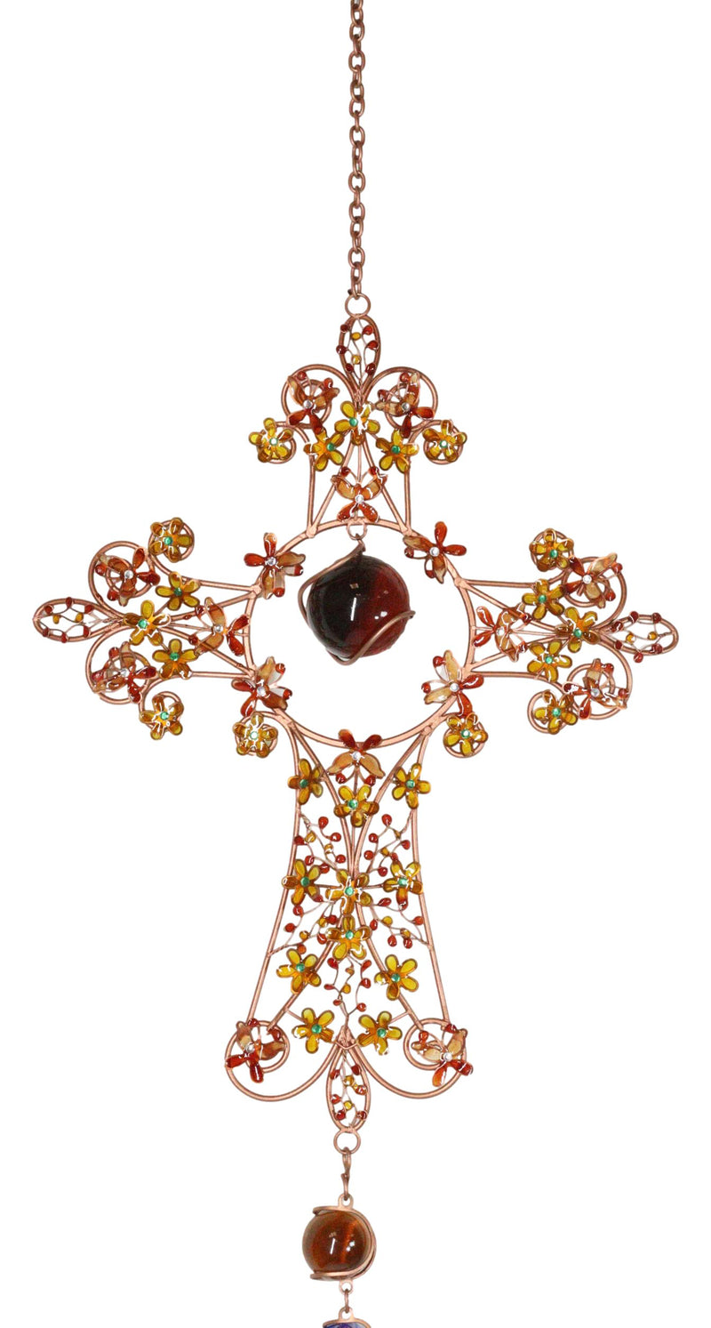 Autumn Floral Gemstones Fleur De Lis Christian Cross Art Glass Metal Wind Chime